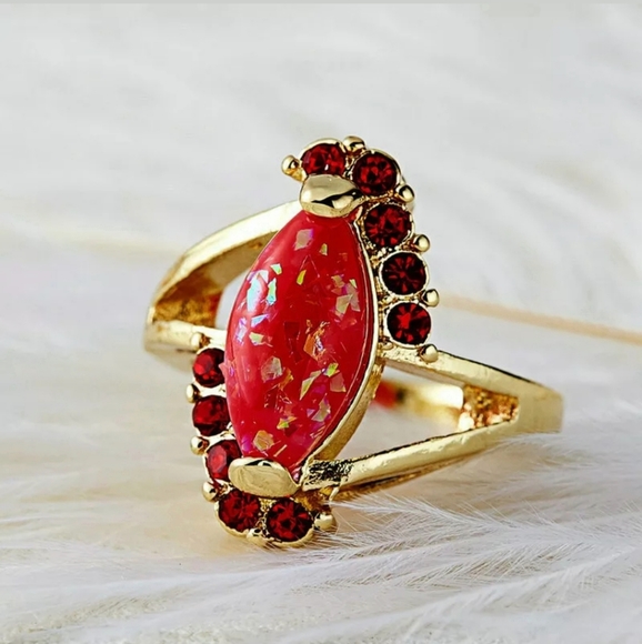 New Marquise Cut Red Fire Opal Gold Ring. - Picture 2 of 2